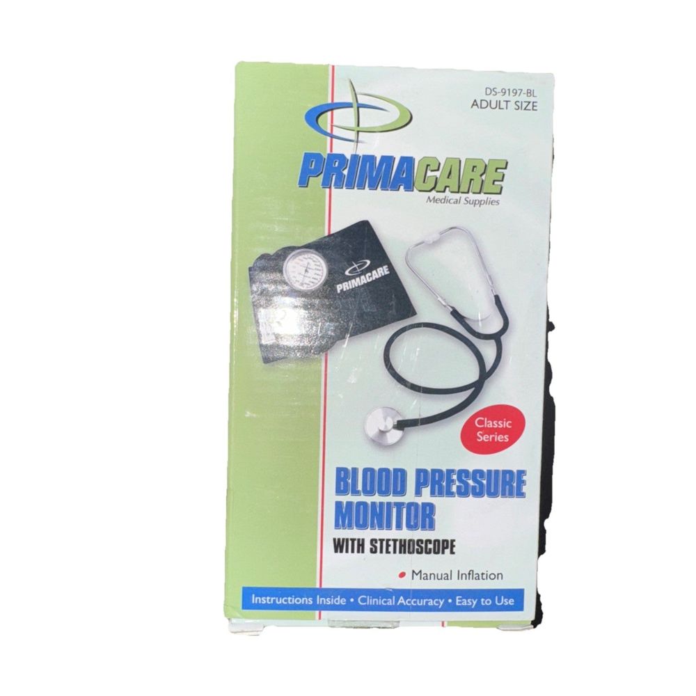 Primacare DS-9197-BL Manual Adult Blood Pressure Kit with Stethoscope and Case – a package of a white and black hose