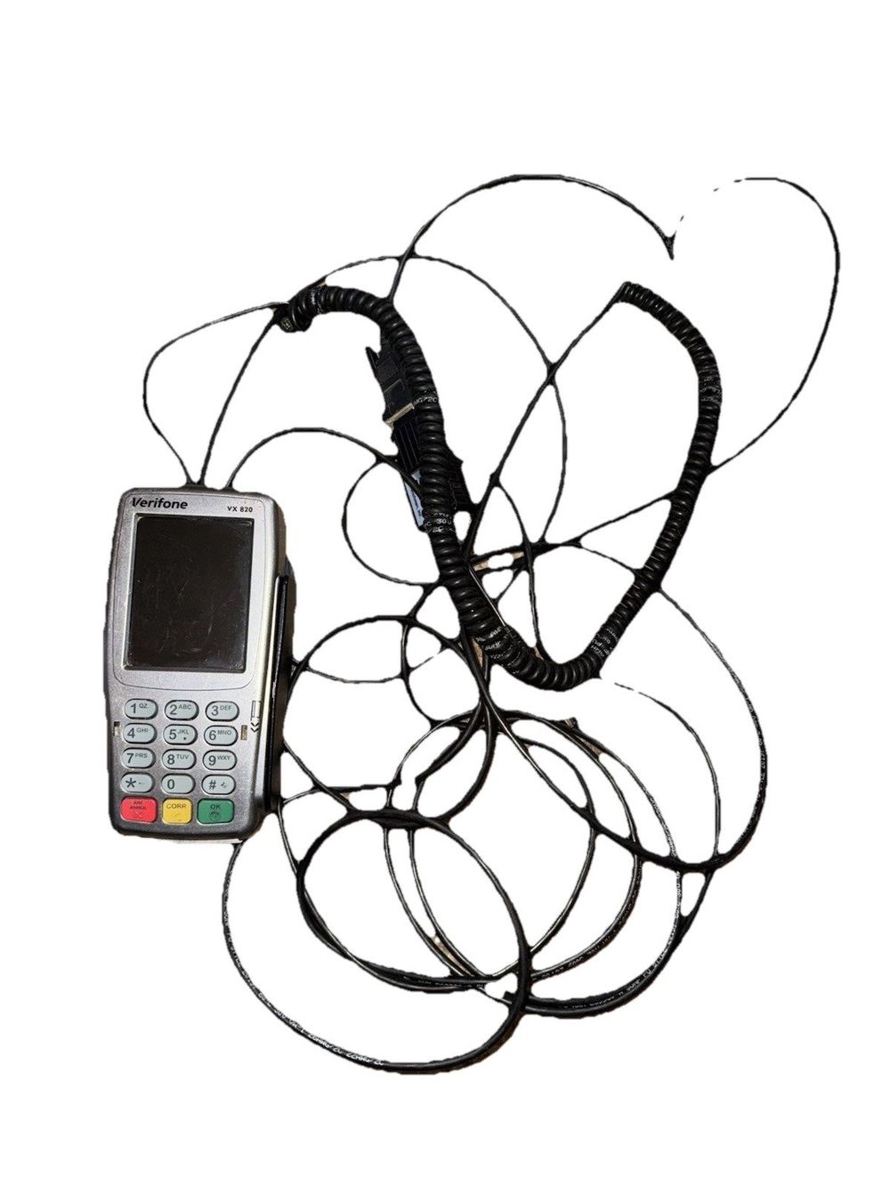 Verifone VX820 Card Reader Used – a cell phone with a wire attached to it