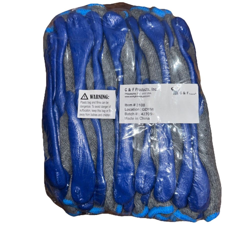 G & F Products 3108-10 String Knit Palm, Latex Dipped Work Gloves, G&F – a blue and gray bag of fish