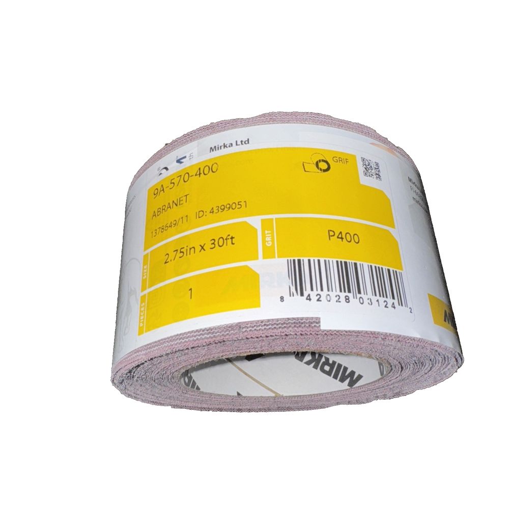 Mirka 9A-570-400 Abranet 2-3/4-Inch X 10yd Mesh Grip Roll – a roll of tape with a barcode on it