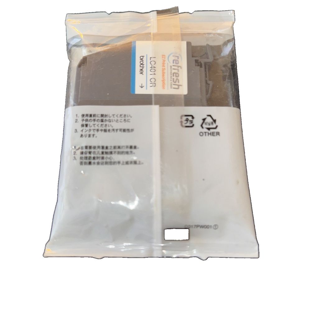 Genuine Brother Refresh LC401CR Ink - BLUE – a package of a plastic bag with a plastic bag on the side