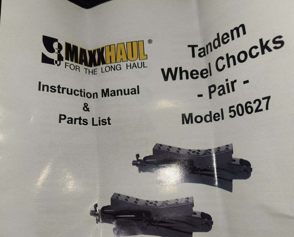 MaxxHaul 50627 Tandem Wheel Chock Stabilizers for Camper Truck Travel Trailer Fi – a white sign with a black and white logo