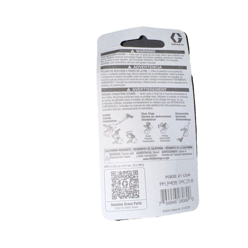 Graco Fine Finish Low Pressure RAC X FF LP SwitchTip, 408 – a white label with a black and white label