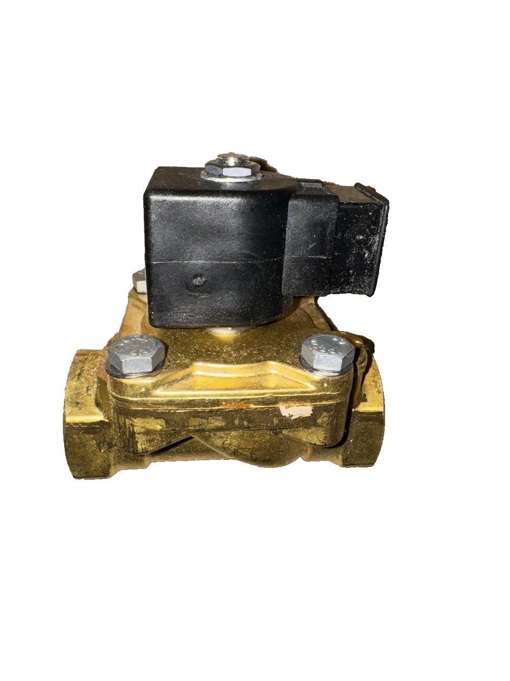 Parker 2-Way Normally Closed, 1" NPT General Purpose Solenoid Valves – a brass valve with a black handle