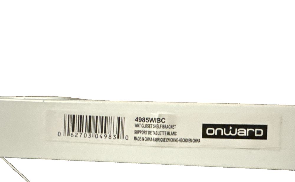 Onward 4985WIBC Shelf Support 75 lb, Steel, White 10 Pack – a white box with a barcode on it