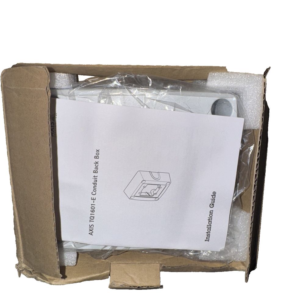 AXIS TQ1601-E Mounting Box for IP Camera, Wall Mount, Cable Conduit Adapter – a box with a white paper and a white envelope