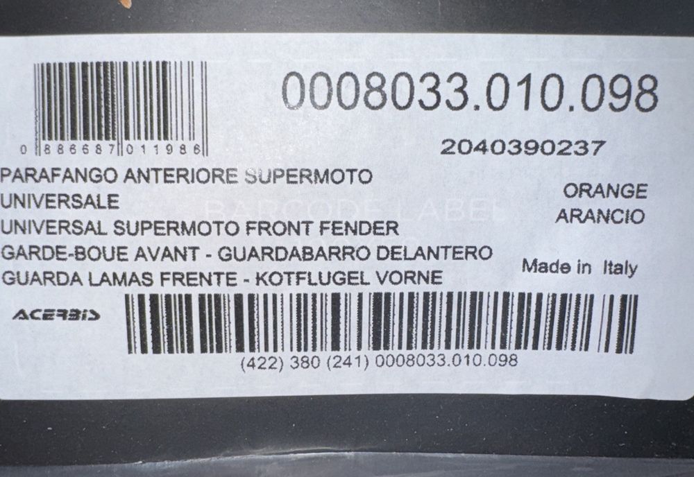 Acerbis - KTM Supermotard Front Fender - Orange (2040390237) – a label on a car ' s front bumper