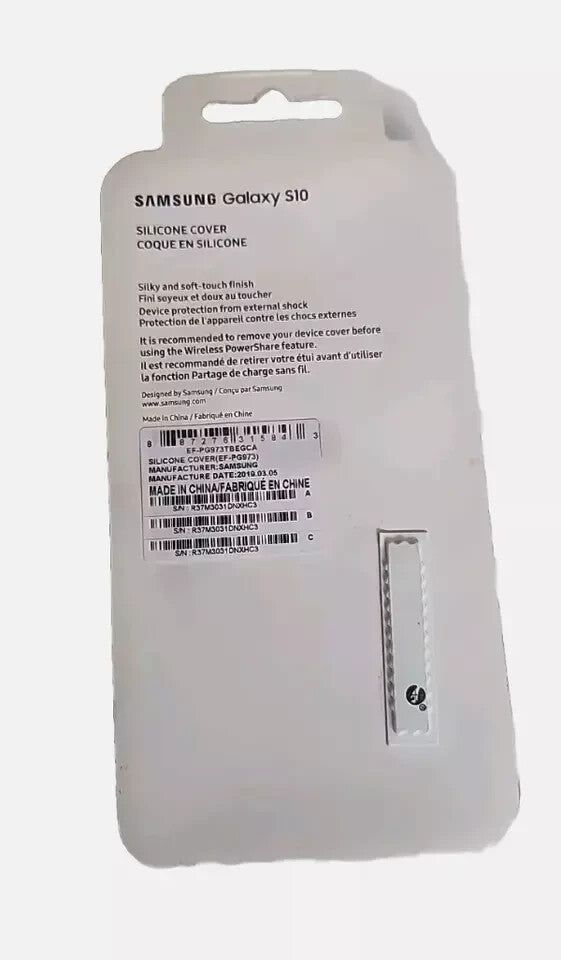Samsung Official Silicone Cover for Galaxy S10 - Soft Touch Protection – a white plastic container with a label on it