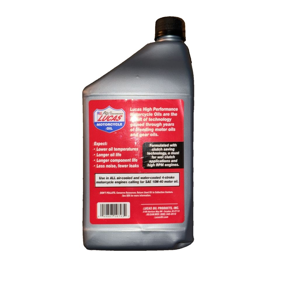 Lucas Oil Synthetic SAE 10W-40 Motorcycle Oil/6x1/Quart – a bottle of liquid for the engine oil