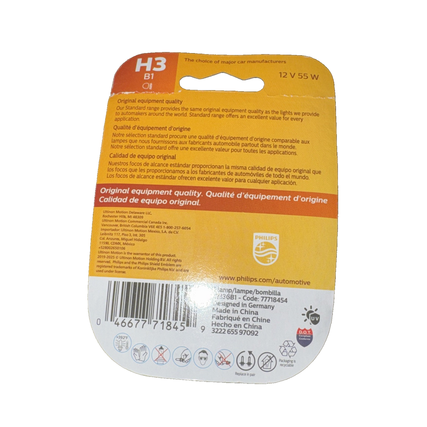 Philips 12336B1 H3 Standard Halogen Replacement Headlight Bulb