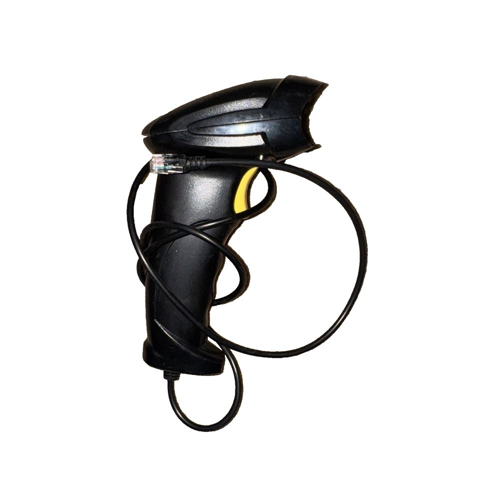 Soon Mark 1D Wired Laser Barcode Scanner – a black bicycle handle with a yellow handle