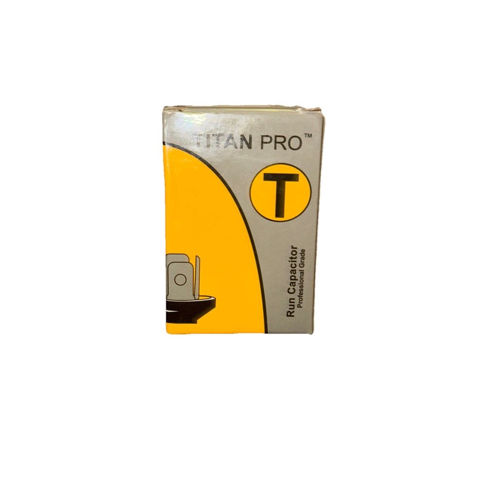 Titan Pro Oval Motor Run Capacitor, 10 Microfarad Rating, 370-440VAC TOCF10 – a yellow tape with a white background