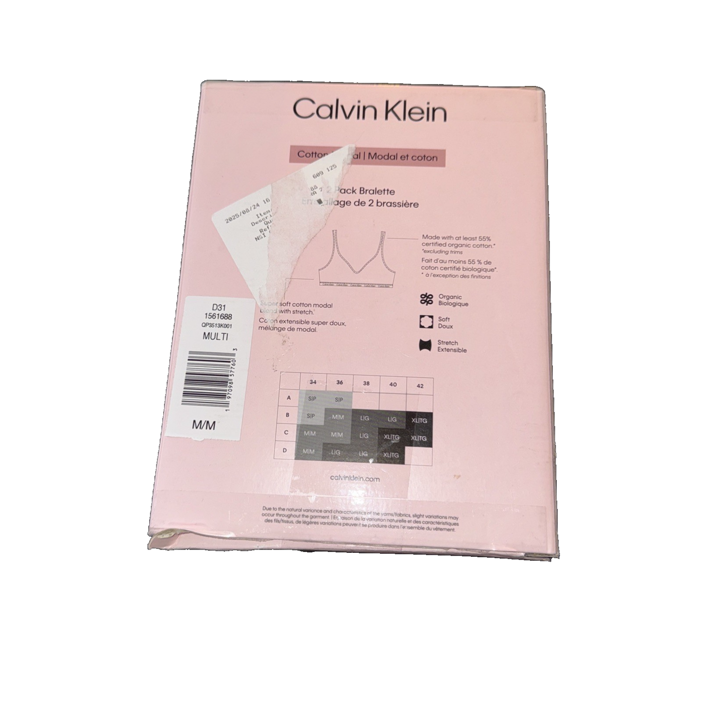 Calvin Klein 2 Pack Bralette Cotton Model Black Size Medium