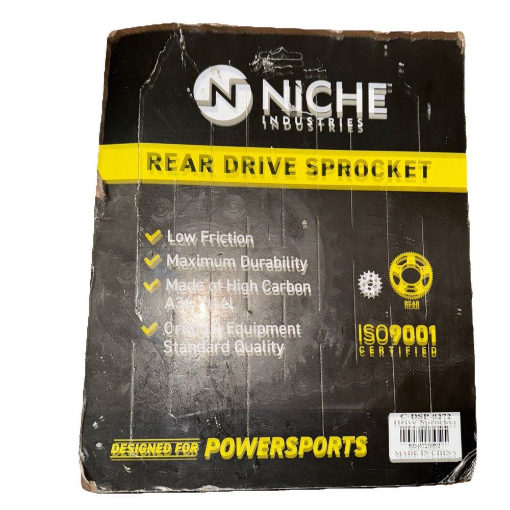 NICHE 428 Pitch 50 Tooth Rear Drive Sprocket for Kawasaki KLX140 42041-0051 – a box of black and yellow tape