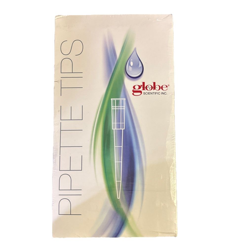 Globe Scientific 150810 - Sterile 20µL Filter Pipette Tips EXP Date 04-09-2025 – a white package with a blue and green swirl