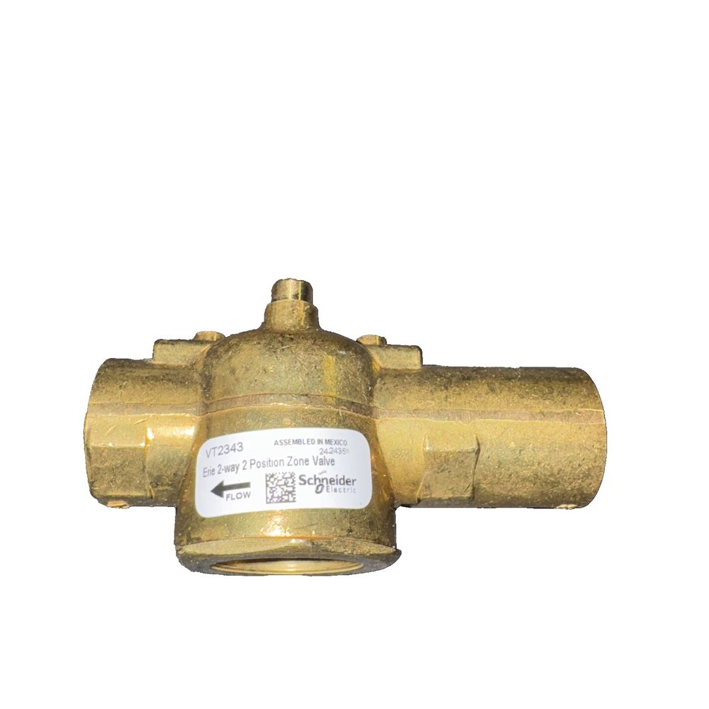 Schneider Electric VT2343 Erie 2-Way 2 Position Zone Valve – a brass ball valve with a white background