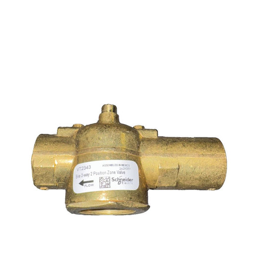 Schneider Electric VT2343 Erie 2-Way 2 Position Zone Valve – a brass ball valve with a white background