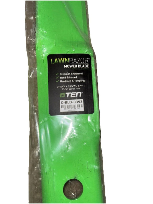 8TEN Lawn Razor Mower Blade 21 3/8" x 2 3/4" x 0.197" C-BLD-0003 13/16" Hole – a green plastic bottle with a white label on it