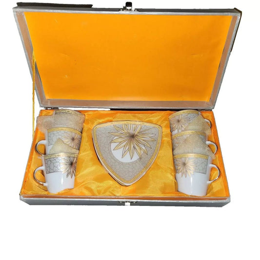 Vintage Espresso Set 6 Cups & 6 Saucers with Box – Retro Ceramic Coffee Set, Mid, Unmarked – a silver and white coffee set in a box