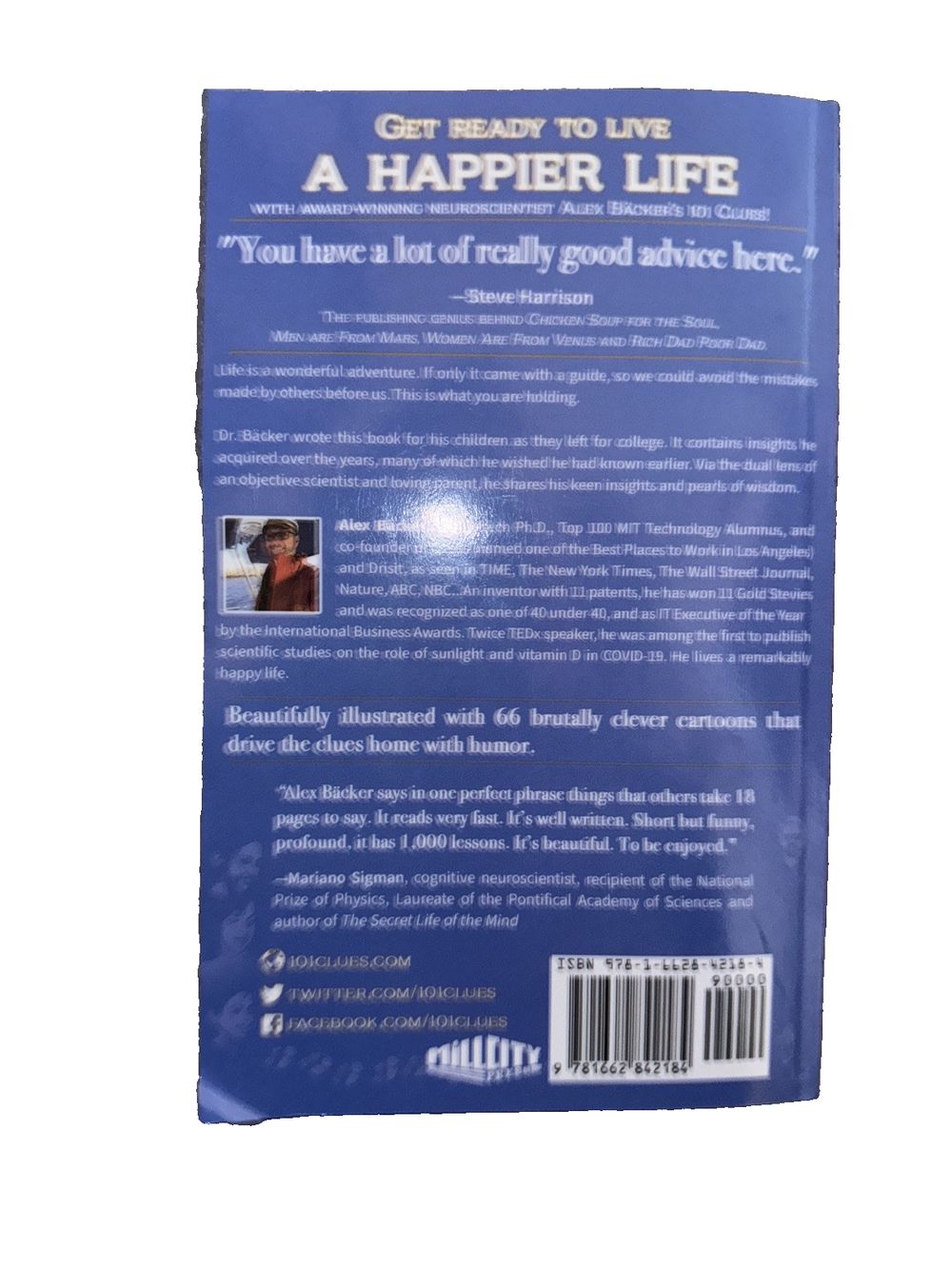 101 Clues to a Happy Life, DaveyDooDeals – a book cover with a blue background and a white background