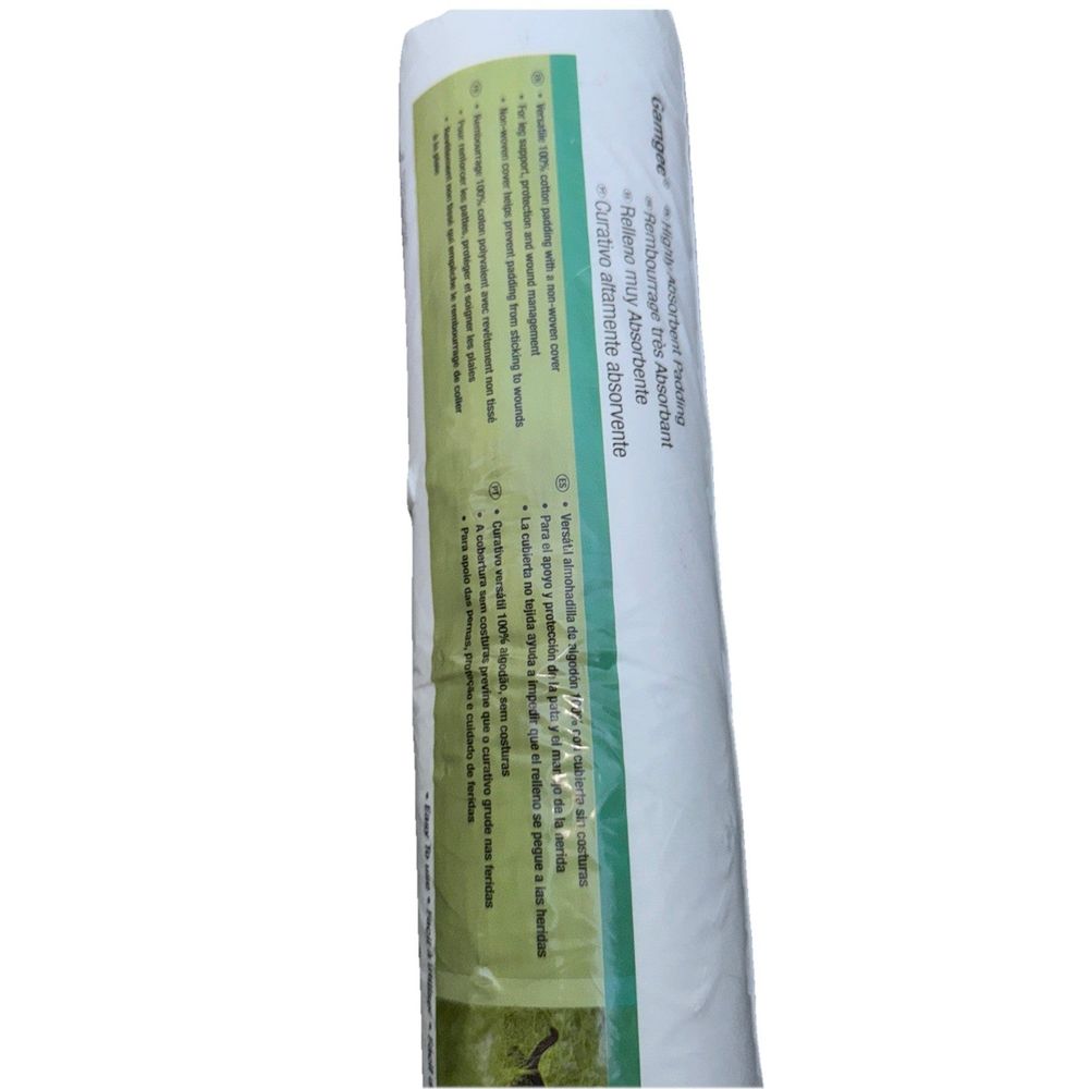 3M Pet Care 1396L 18" x 7.5' Gamgee Highly Absorbent Padding (Cotton) – a roll of white paper with green and white writing