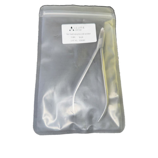 Allure Ortho T-300L Niti Clinch Back Pliers With Serration – a silver pouch with a white plastic handle