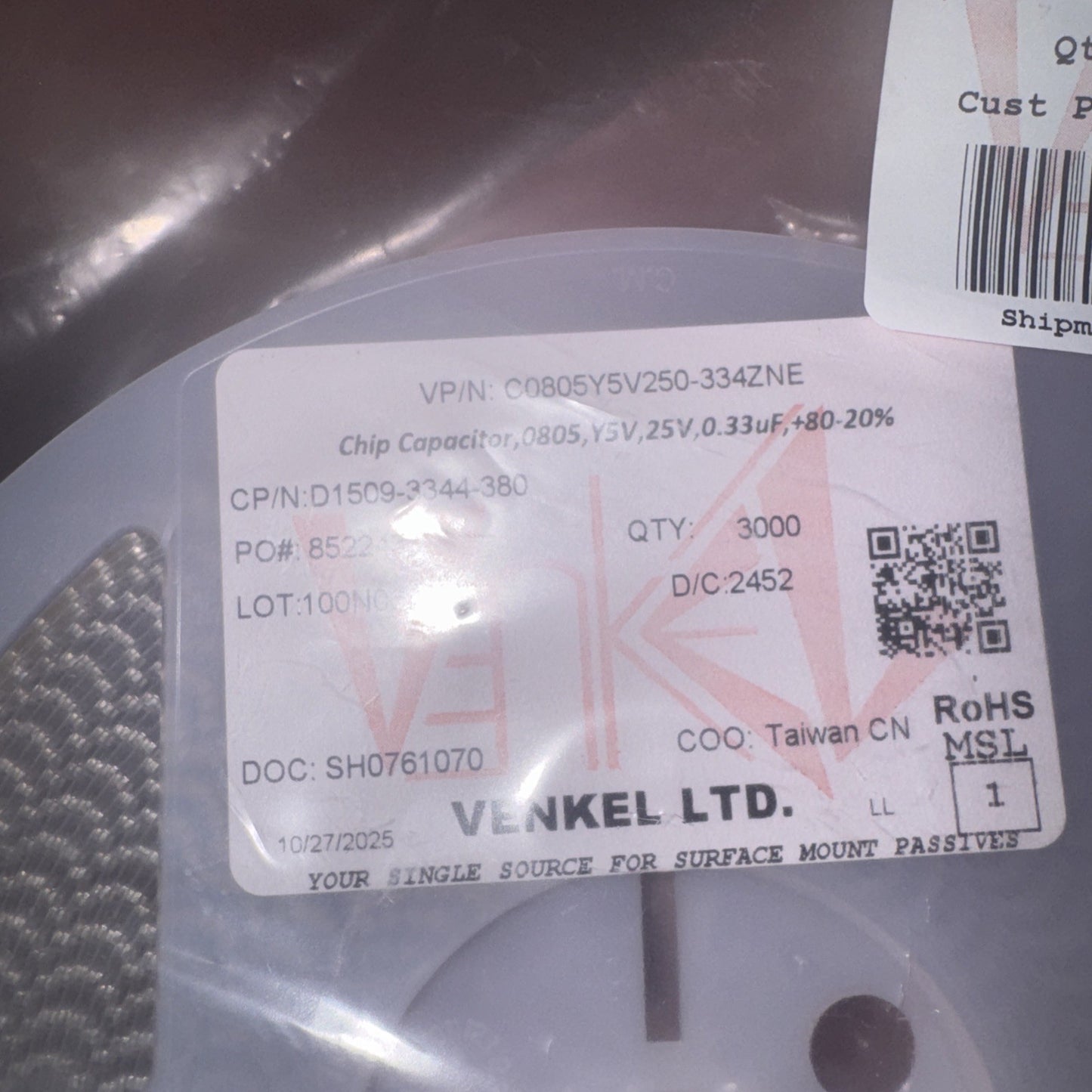 Venkel C0805Y5V250-394ZNE 0.39µF 25V Y5V 0805 SMD MLCC Capacitor 3000 Pack