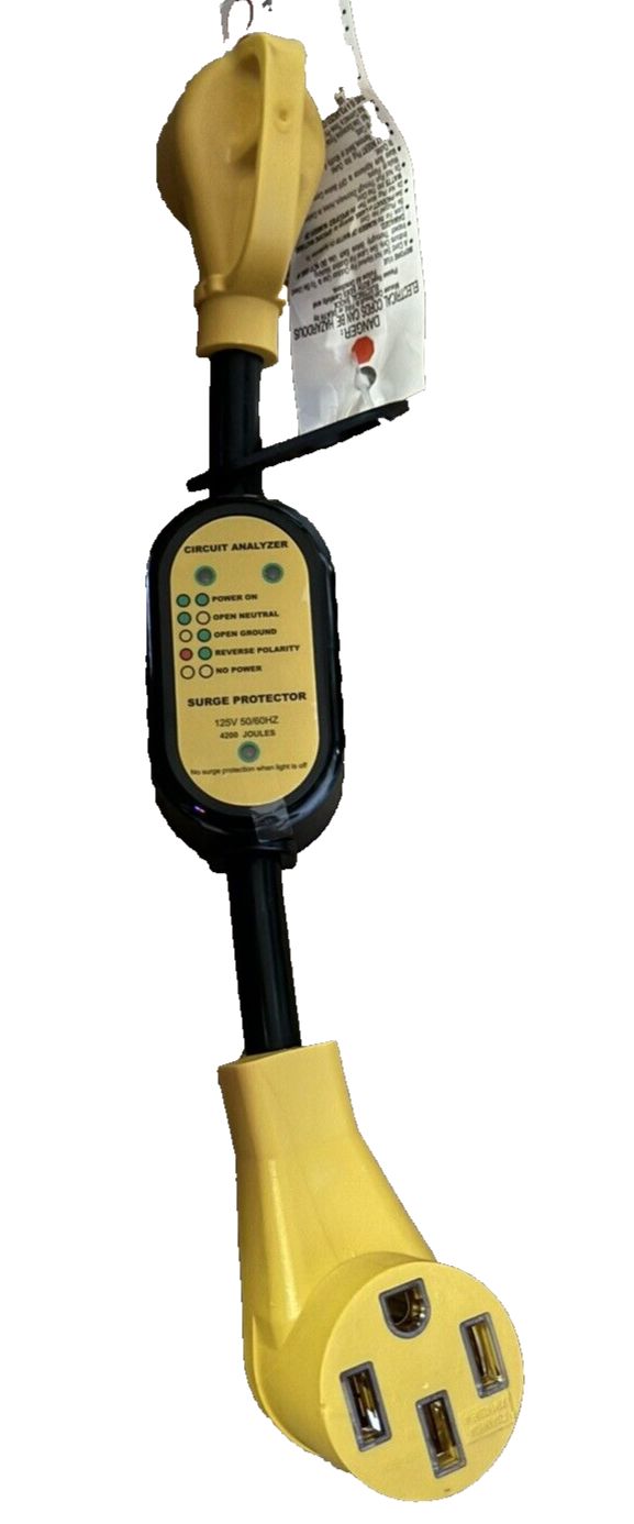 RV Power Adapter with Surge Protector 30 Amp to 50Amp - Upgraded 4200 Joules RV, Unbranded – a yellow and black power cord with a white cord