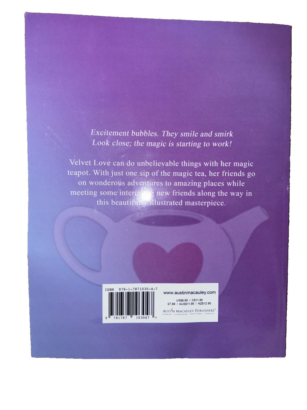 Velvet Love and the Magic Tea Pot, DaveyDooDeals – the back cover of the book, with a purple background and a white heart