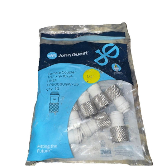 Pack of 10 John Guest Female Adapter Fittings UNF - 1/4 tube x 9/16-24 UNEF PP60 – a bag of white gloves with a blue background