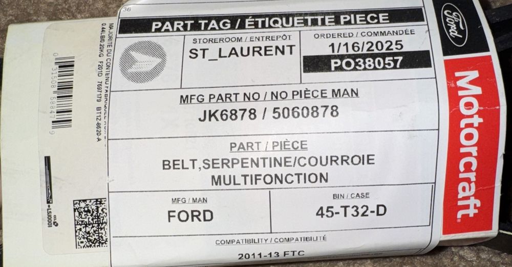 Jk6878/5060878 Ford Sepentine Belt MotoCraft – a white and black label on a white and black label