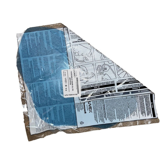 S8555 Bionic FaceShield Visor CL PC AntiFog Honey Well UVEX, HoneyWell – a piece of plastic wrap with a blue label