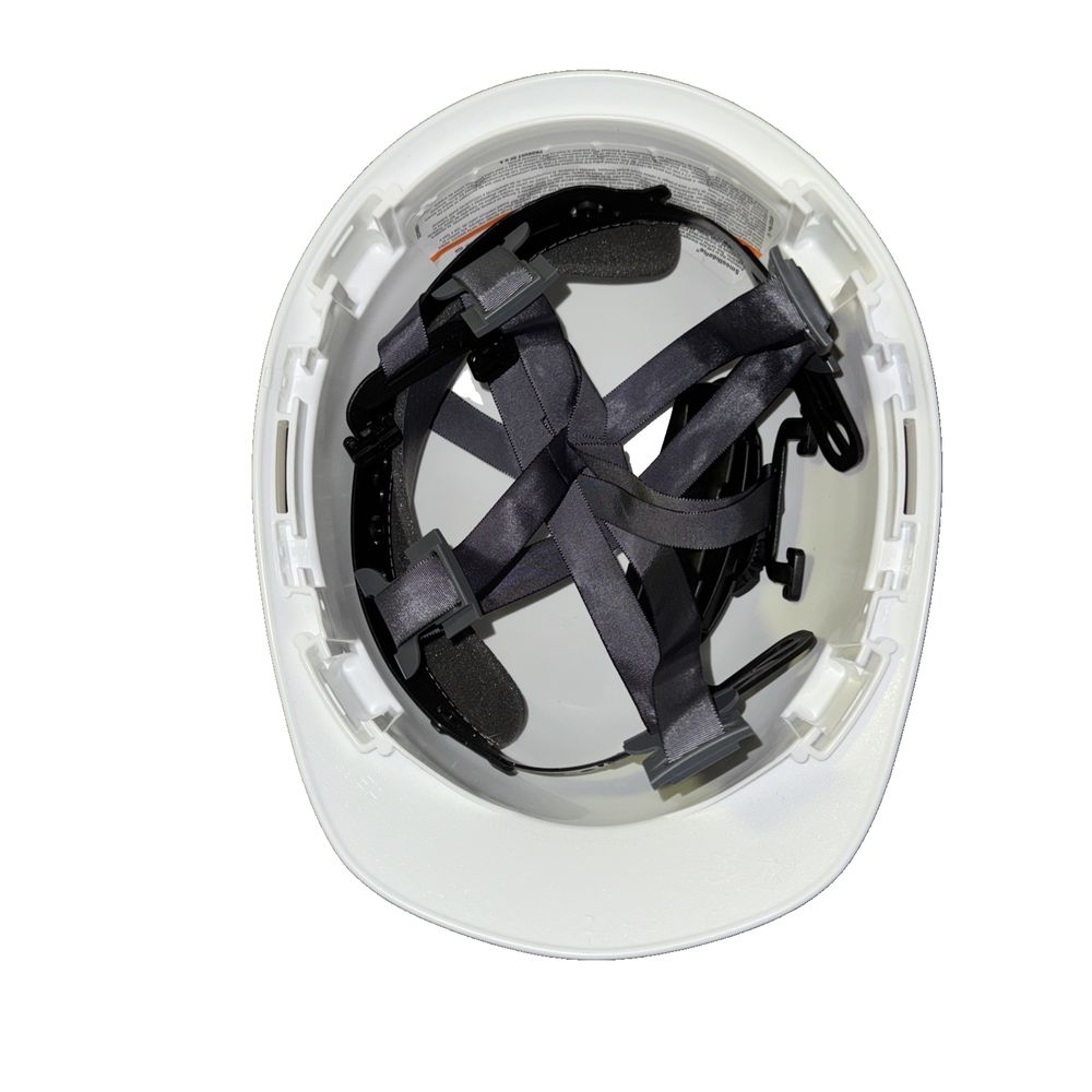 Type 1 Protective Helmet White MSA – a white hard hat with a black strap