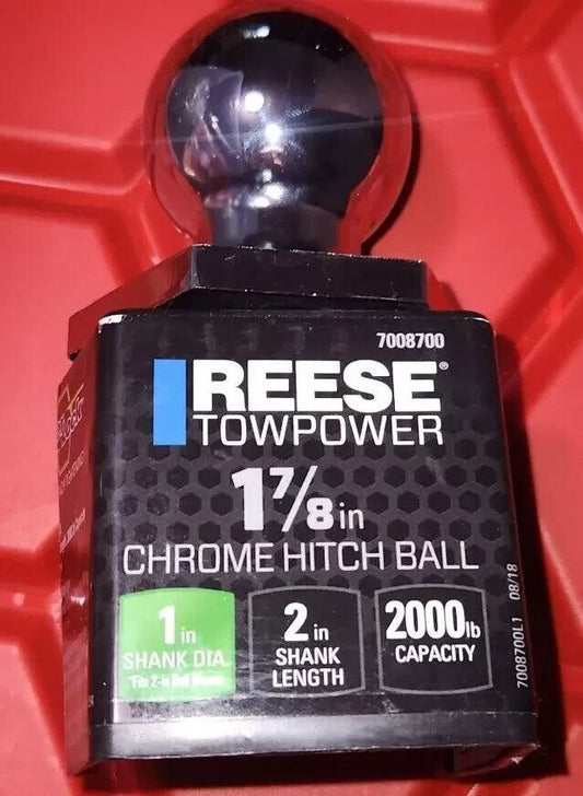 Reese Towpower 7008700 1-7-8" Chrome Steel Interlock Hitch Ball – a black and white box with a black and white label