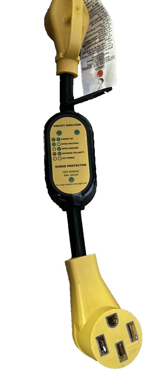 RV Power Adapter with Surge Protector 30 Amp to 50Amp - Upgraded 4200 Joules RV, Unbranded – a yellow and black power cord with a white lab…