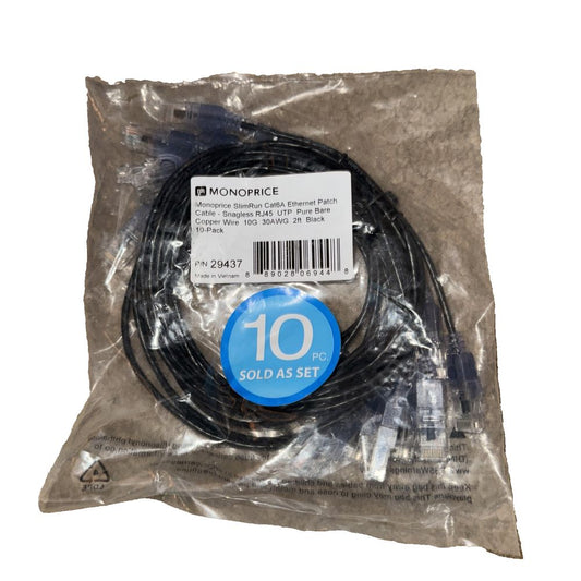 Monoprice Cat6A 2ft Black 10-Pk Patch Cable, UTP, 30AWG, 10G, Pure Bare Copper, – a black cable with a white label on it