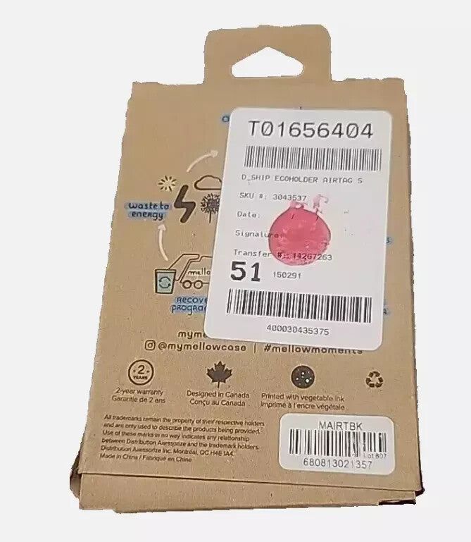 Mellow Ecoholder for AirTag - Stylish Raven Strap & Key Ring, Secure & Elegant – a package of a pink apple in a cardboard box