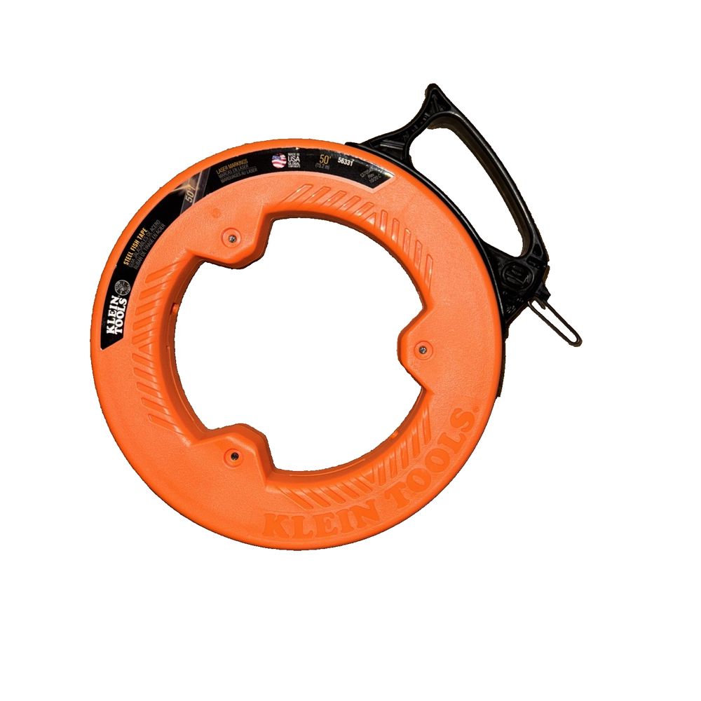 Klein Tools 0.13 in. W X 50 Ft. L Steel Fish Tape 1 Pk – a close up of a orange plastic ring