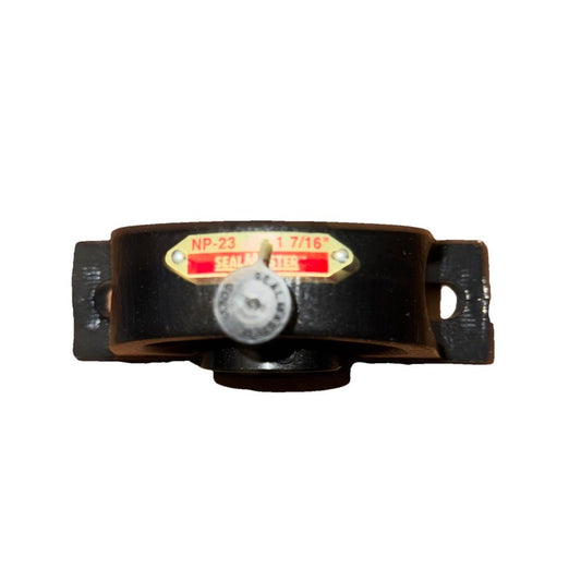 Seal Master Pillow Block Ball Bearing NPL-23, 1-7/16" Bore, Cast Iron P-108, SealMaster – a black metal pipe clamp with a red and white lab…