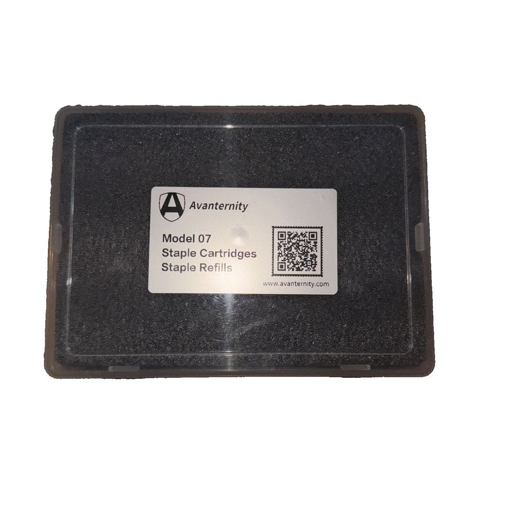 Avanternity Model 7 Staple Cartridge Pack, Work with Avanternity Pro-60E Heavy – a black plastic tray with a white label on it