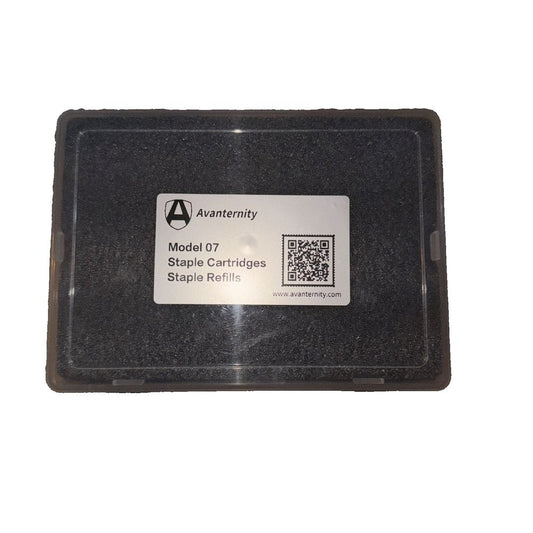 Avanternity Model 7 Staple Cartridge Pack, Work with Avanternity Pro-60E Heavy – a black plastic tray with a white label on it