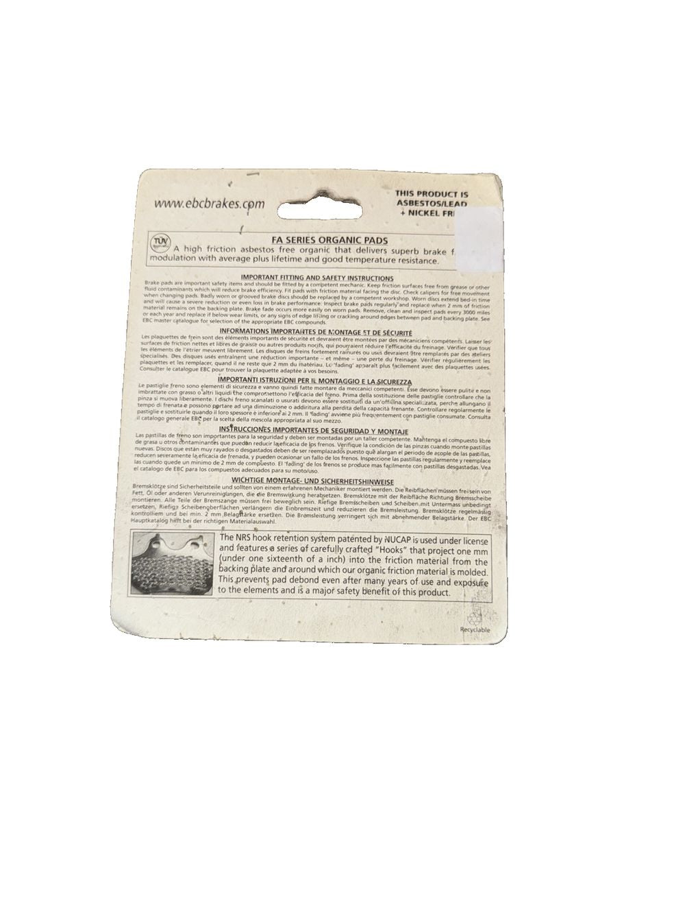 EBC Organic Brake Pads – a white label with a black and white image