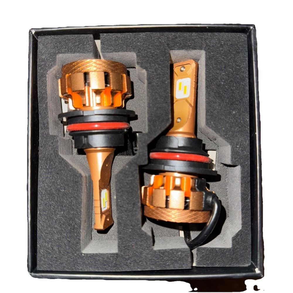 Auxbeam 9007/HB5 LED Fog Light Bulbs, Upgraded 2024 F16 Plus Series 70W 18000lm – a pair of gold colored hoses in a black box