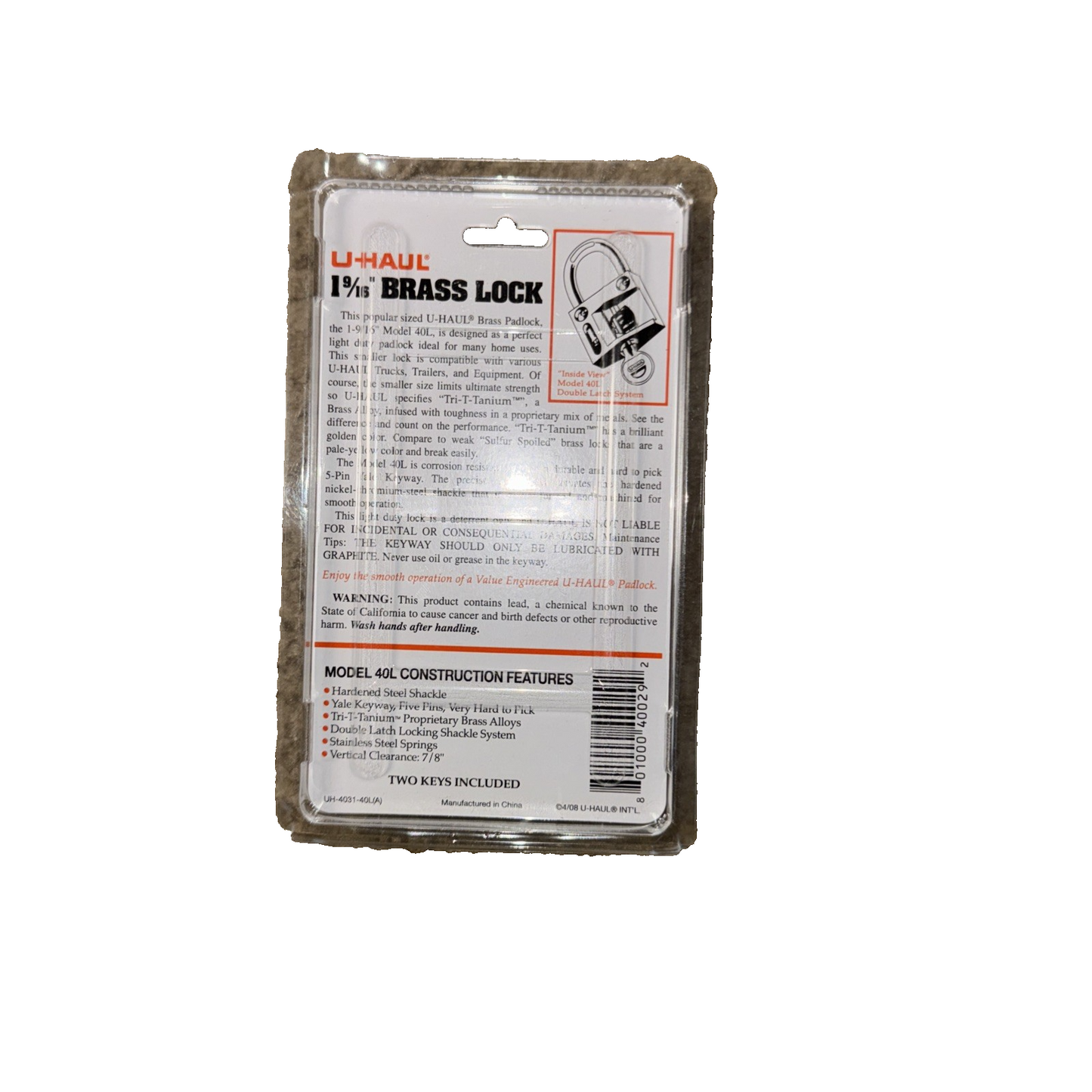 Uhaul 1-9/16" Brass Utility lock
