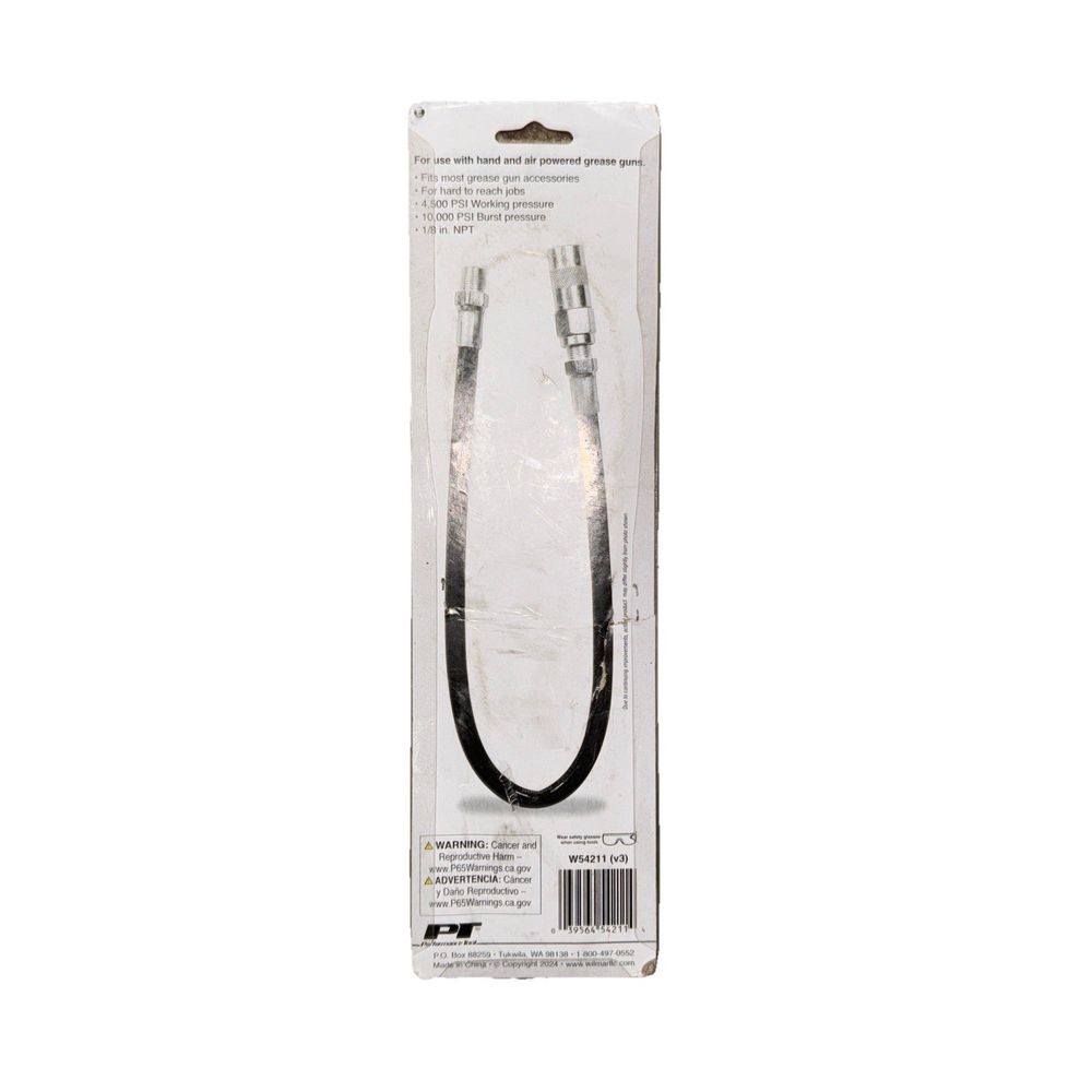 Performance Tool W54211 18" Flex Grease Gun Hose Extension with Coupler – a black cable with a white cord