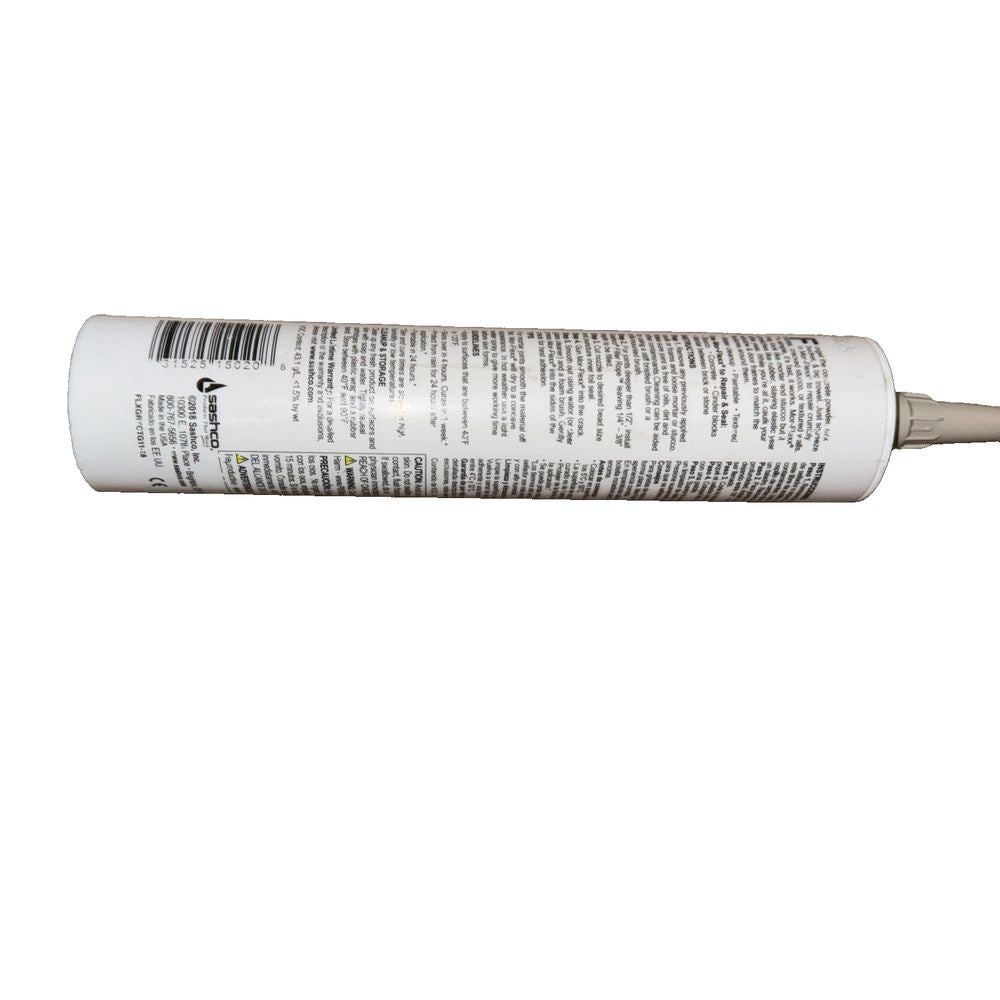 Sashco Mor-Flexx Mortar & Stucco Repair Caulk, Gray, 10.5 oz Cartridge, Sascho – a white paint tube with a black and white label
