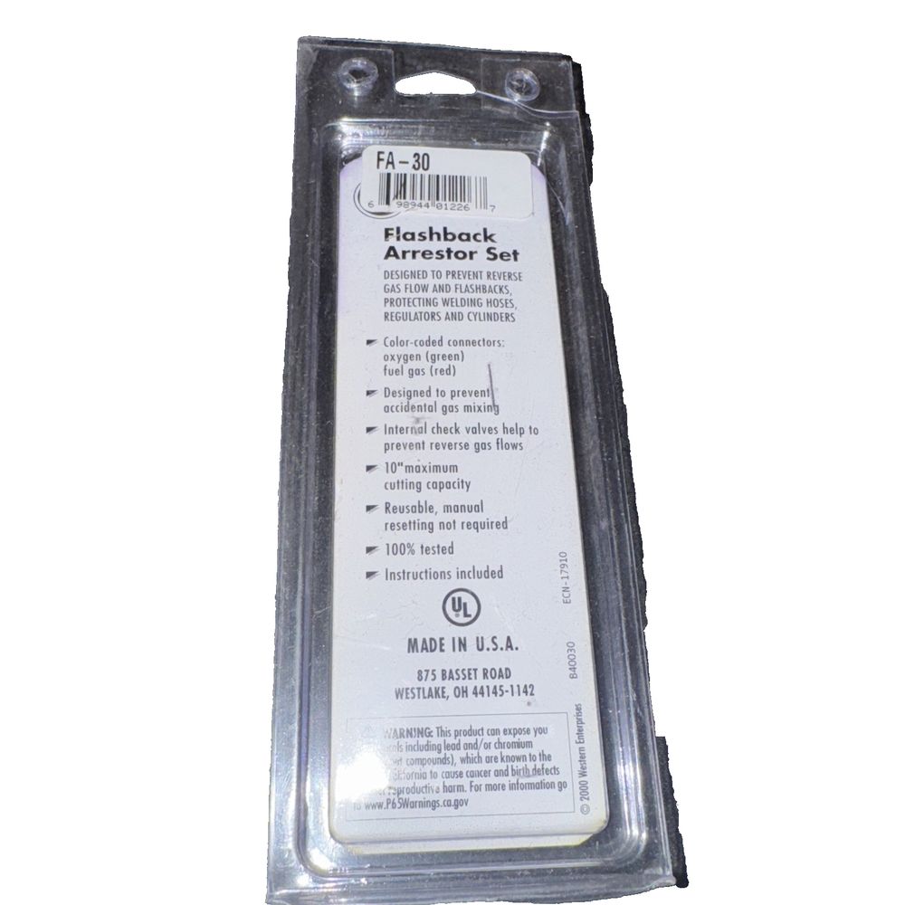 Western Enterprises FA-30 Flashback Arrestor Sets, Oxygen/Fuel Gas, Regulator Ad – a small plastic card with a white background
