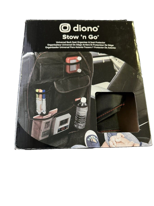 Diono Stow 'n Go Car Back Seat Organizer for Kids, Kick Mat Back Seat Protector – the front of a black and white box with a black and white…