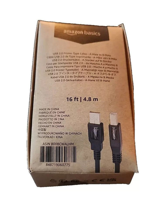 Usb 2.0 Printer Type Cable A-Male to B-Male 16Ft/4.8 M Amazon Basics – an image of a box of cables