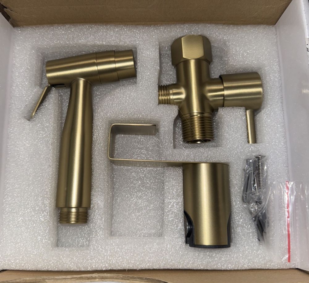 Senhozi Stainless Steel Bidet Sprayer for Toilet, Gold Finish with Jet and Soft – a box with two brass colored metal spray guns